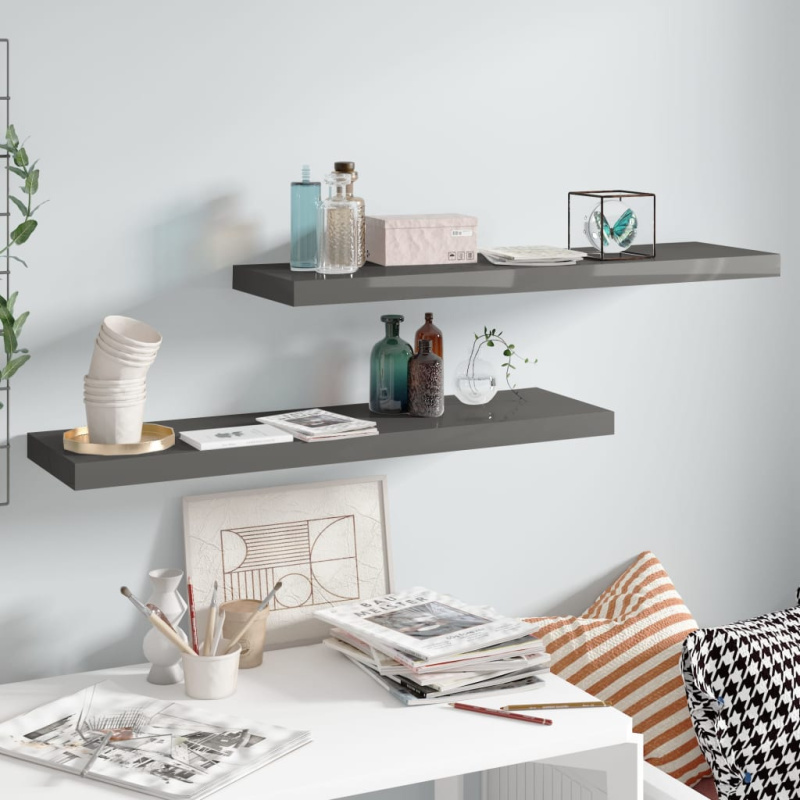 Plovoucí Nástěnné Police 2 Ks Lesklé Šedé 90X23,5X3,8 Cm Mdf Šedá S Vysokým Leskem