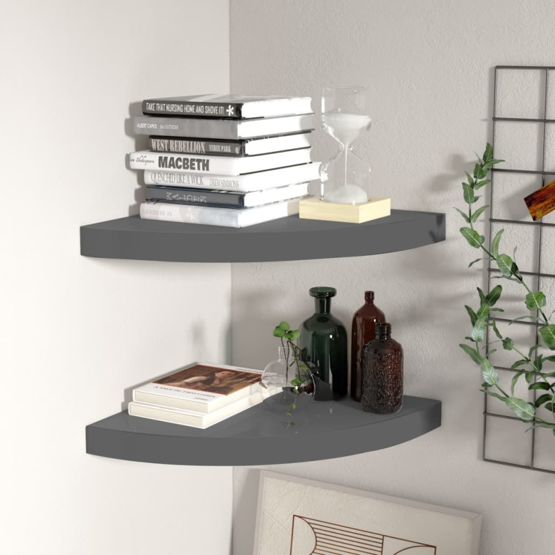 323914 Floating Corner Shelves 2 Pcs High Gloss Grey 35X35X3,8 Cm Mdf Šedá S Vysokým Leskem - 1 / 2 / 25 x 25 x 3.8 cm