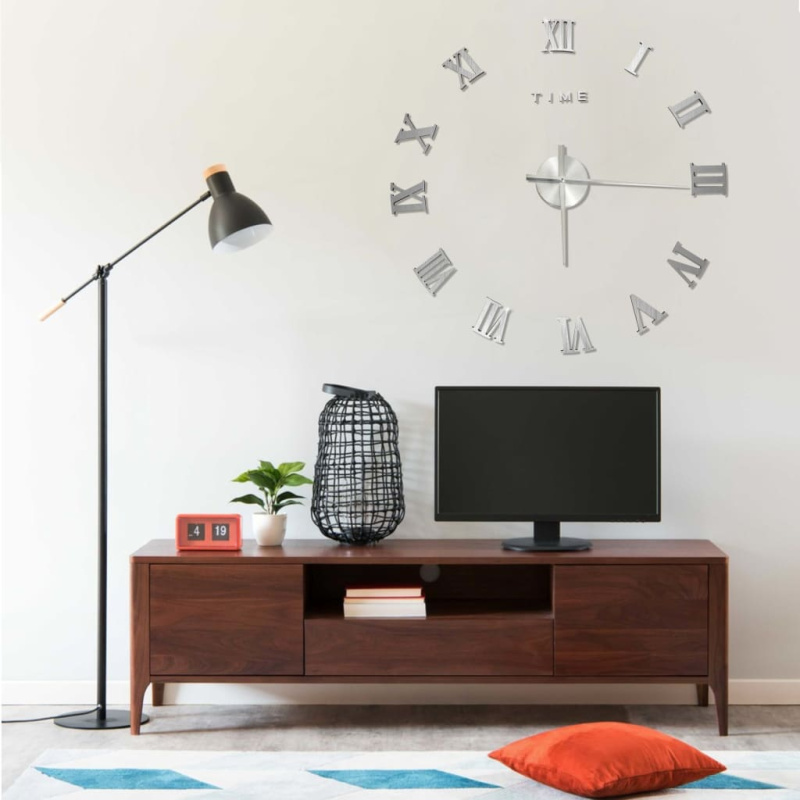 3D Nástěnné Hodiny Moderní Design Stříbrné 100 Cm Xxl - Černá
