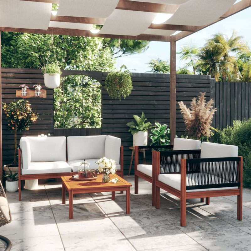 5Dílná Zahradní Sedací Souprava Podušky Krémové Masivní Akácie - rohová   3x středová   stůl / 1