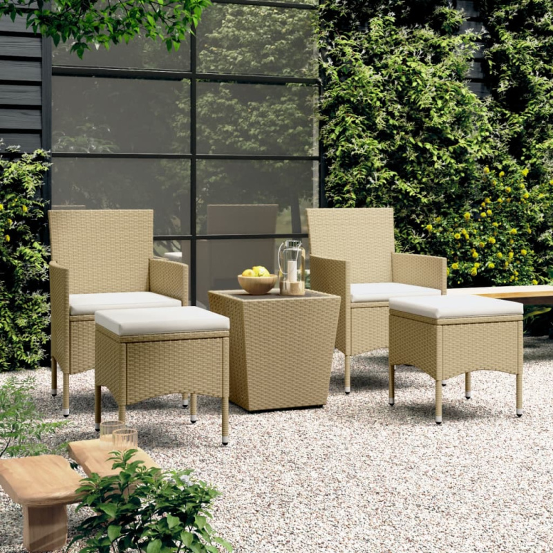5Dílný Zahradní Bistro Set Polyratan A Tvrzené Sklo Béžový - Hnědá / bez opěrky na nohy