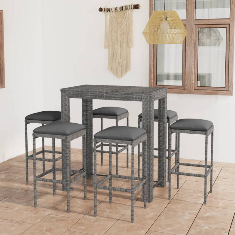 7Dílný Zahradní Barový Set S Poduškami Polyratan Šedý Šedá - 6 / 140.5 cm dlouhý stůl