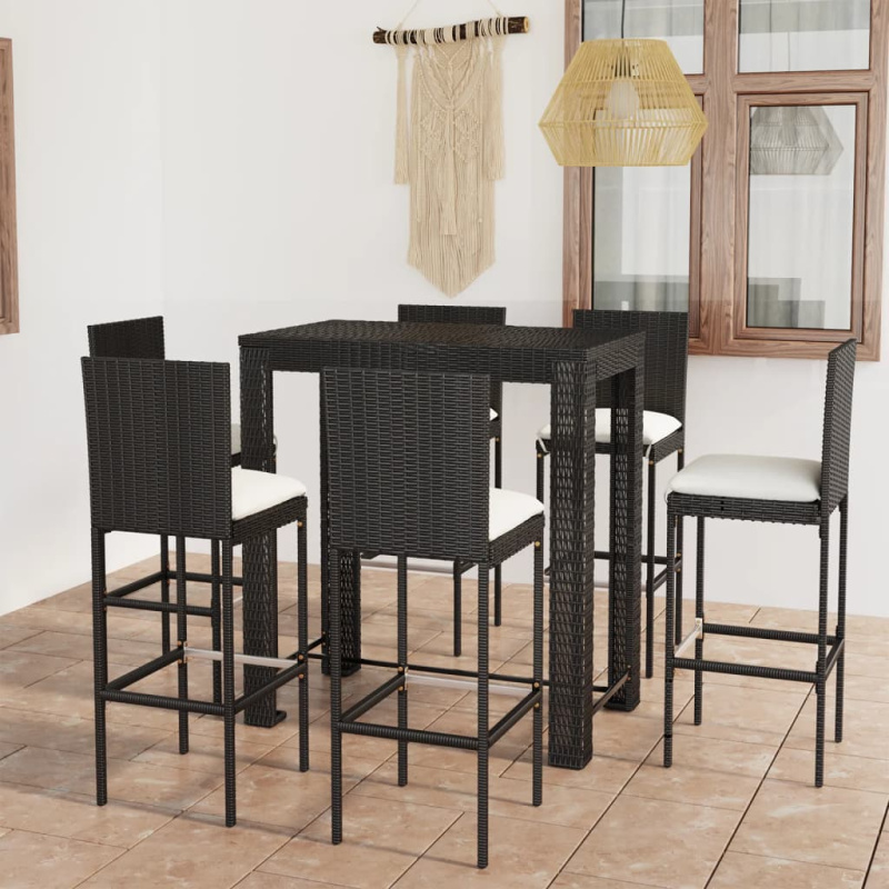 7Dílný Zahradní Barový Set S Poduškami Polyratan Černý - Šedá / 6 / 100 cm dlouhý stůl