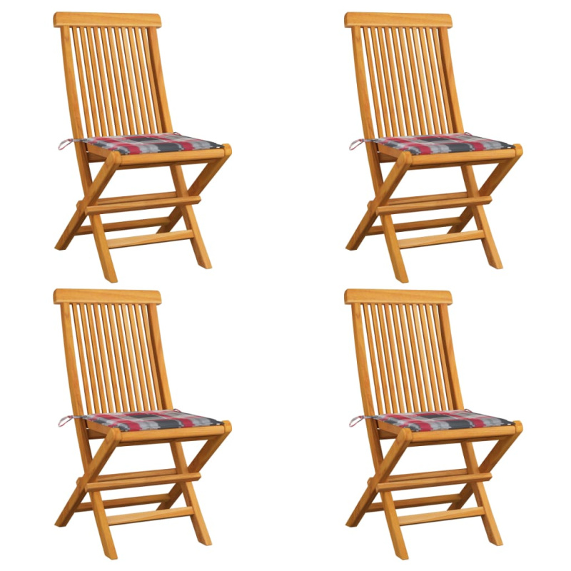Zahradní Židle + Červené Kárované Podušky 4 Ks Masivní Teak