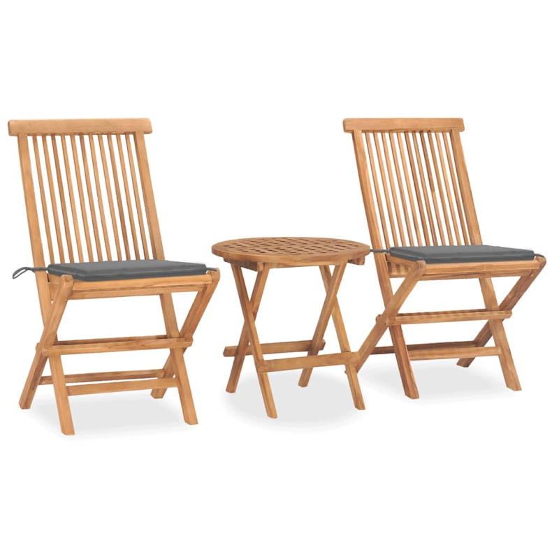 3Dílný Skládací Zahradní Jídelní Set S Poduškou Masivní Teak - Šedá
