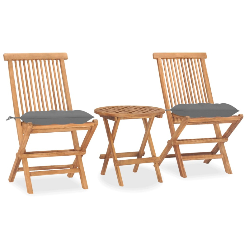 3Dílný Skládací Zahradní Jídelní Set S Poduškou Masivní Teak - Šedá