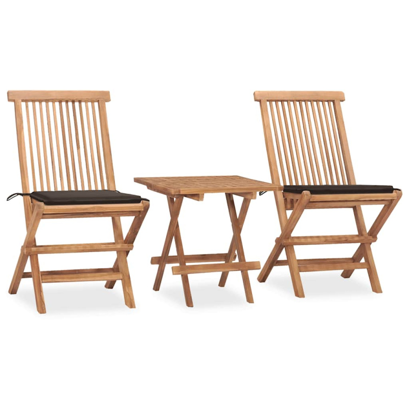 3Dílný Skládací Zahradní Jídelní Set S Poduškou Masivní Teak - Šedá