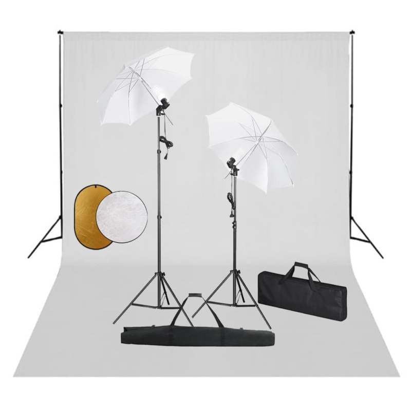 Foto Studio Set Se Světly, Deštníky, Pozadím A Odraznou Deskou - Černá / 300 x 300 cm