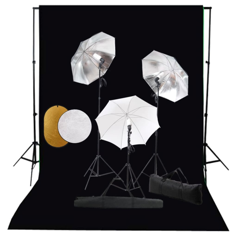 Foto Studio Set S Lampami, Deštníky, Pozadím A Odraznou Deskou - Černá / 500 x 300 cm