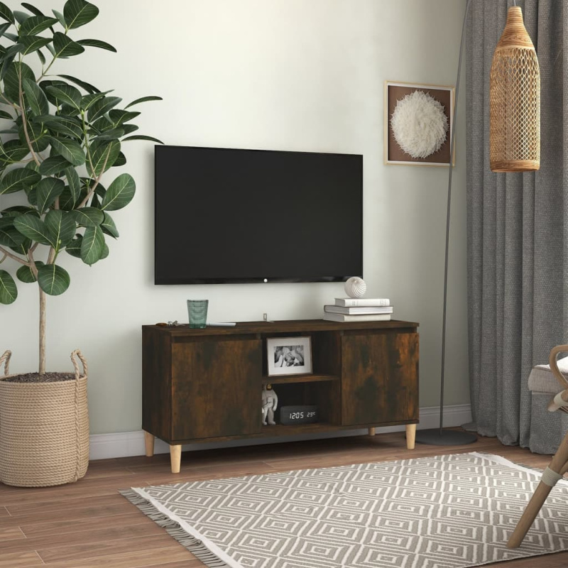 Tv Skříňka S Nohami Z Masivního Dřeva 103,5X35X50Cm - Bílá s vysokým leskem