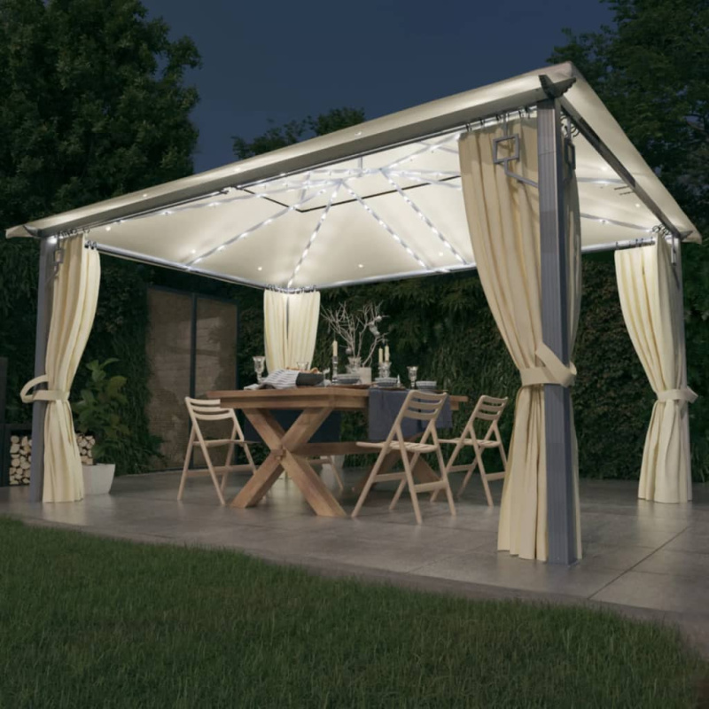 Altán Se Závěsy A Světelnými Led Řetězy 4 X 3 M Krémový Hliník - Krémová / 400 x 300 cm