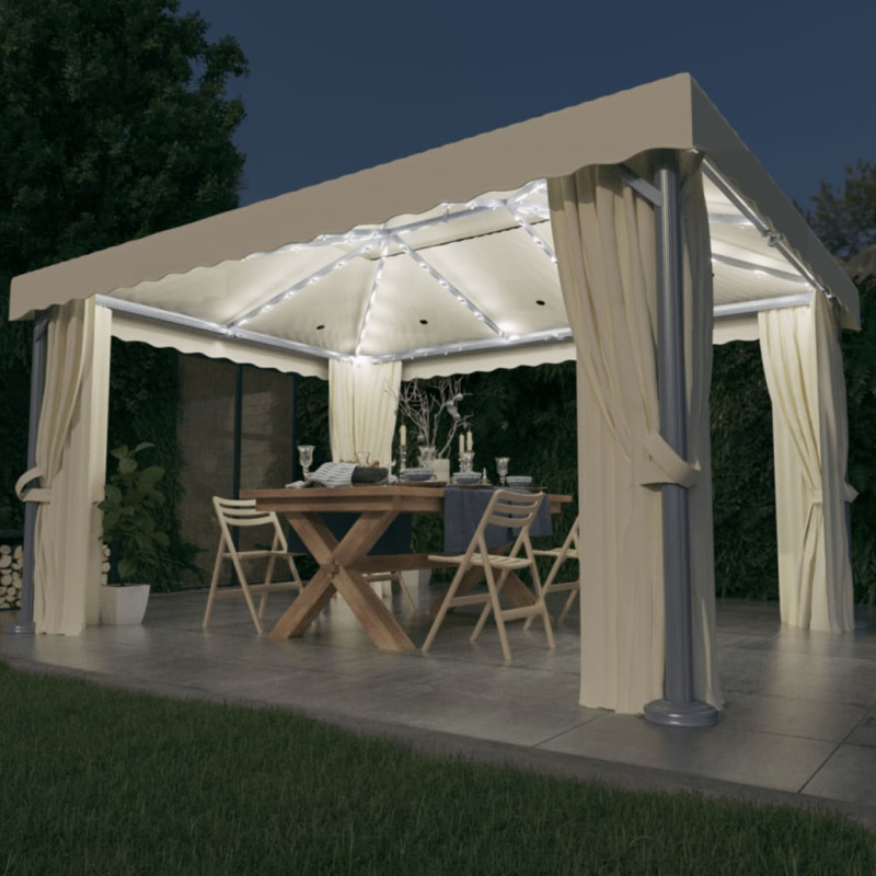 Altán Se Závěsy A Světelnými Led Řetězy 4 X 3 M Krémově Bílý - Antracitová / 3 x 3 m