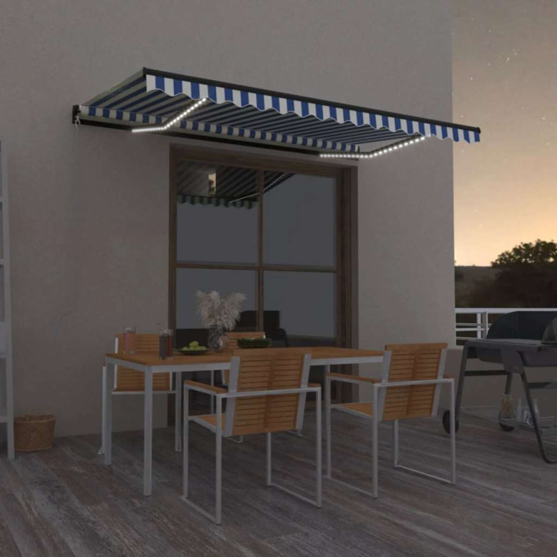 Ručně Zatahovací Markýza S Led Světlem Modrobílá - Modro-bílá / 350 x 250 cm