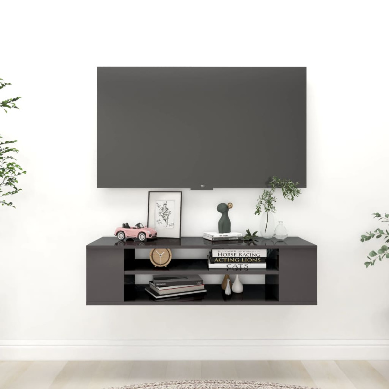Závěsná Tv Skříňka Šedá Vysoký Lesk 100X30X26,5 Cm Dřevotříska - Bílá