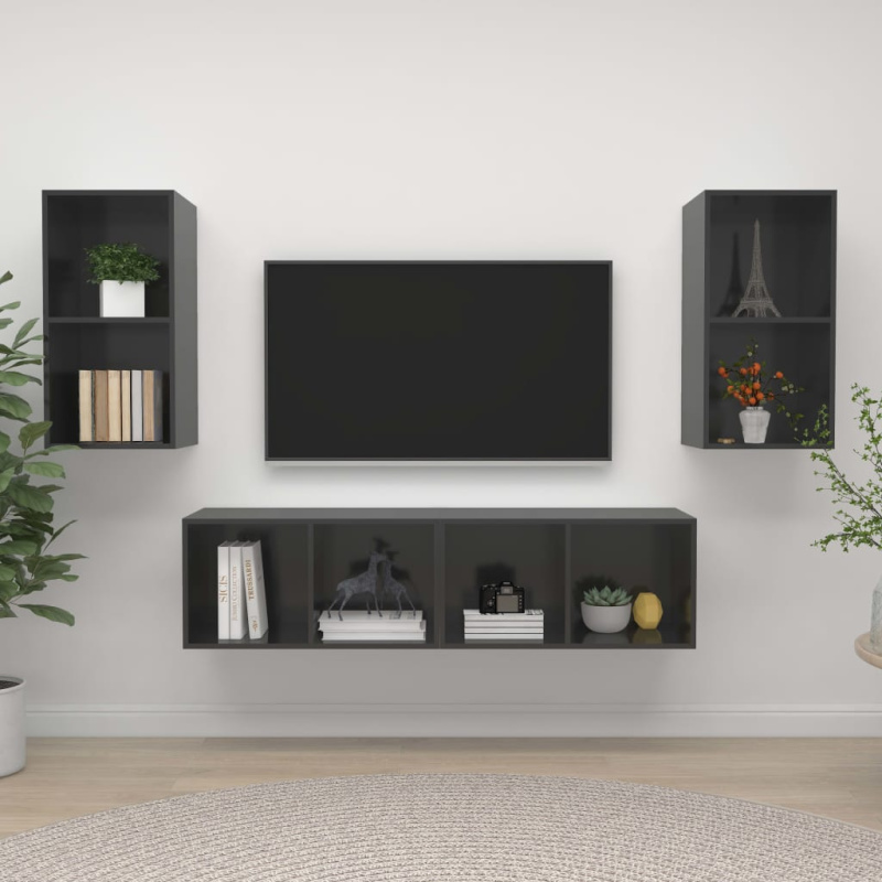 Nástěnné Tv Skříňky 4 Ks Šedé S Vysokým Leskem Kompozitní Dřevo - dub sonoma