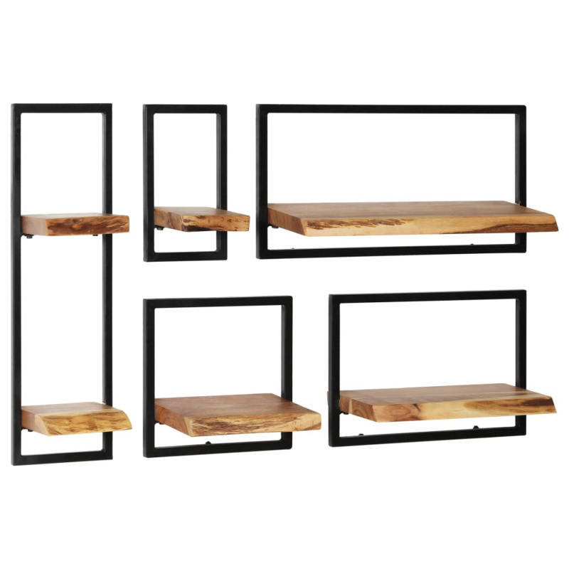 Sada Nástěnných Polic 5 Kusů Masivní Akácie A Ocel - 2 / 40 x 24 x 35 cm