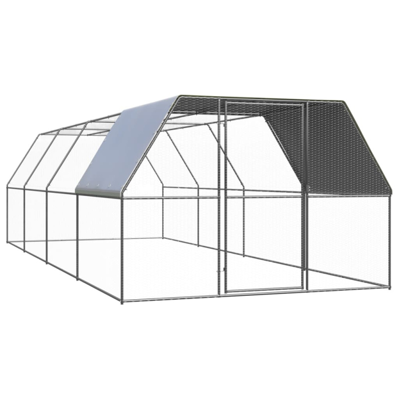 Venkovní Klec Pro Kuřata Pozinkovaná Ocel - stříbrná a stříbrně šedá / částečné zastřešení / 2 x 8 x 2 m