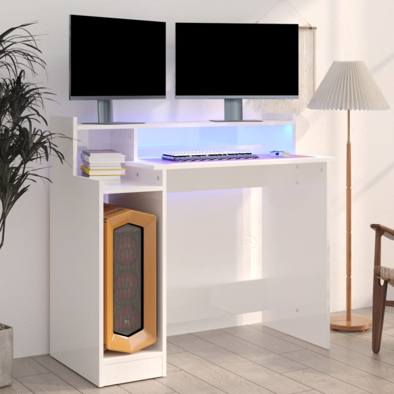 Psací Stůl S Led Lesklý Bílý 97 X 45 X 90 Cm Kompozitní Dřevo - Betonová šedá