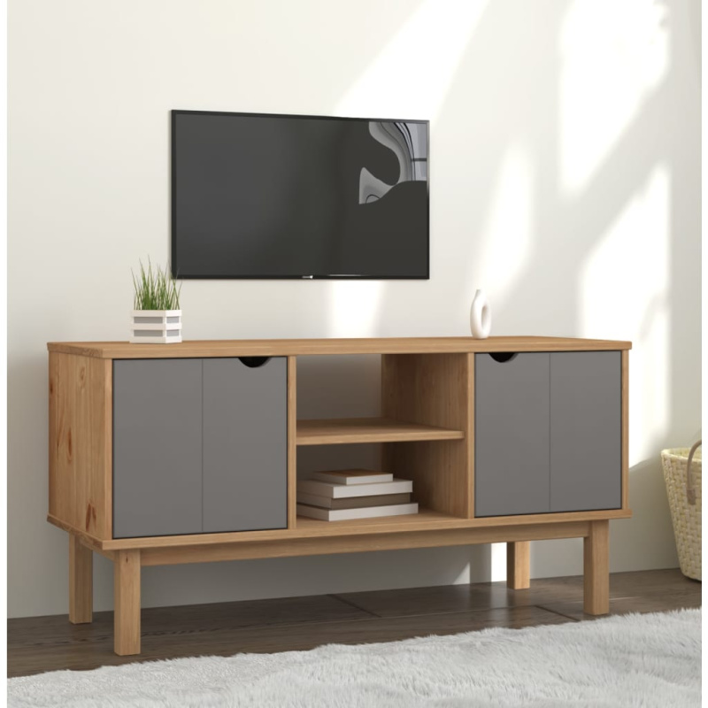 Tv Skříňka Otta Hnědá A Šedá 113,5X43X57 Cm Masivní Borovice - Hnědá