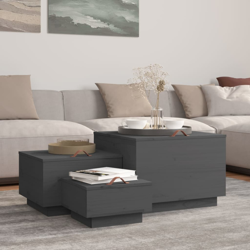 Úložné Boxy S Víkem 3 Ks Šedé Masivní Borové Dřevo - Černá