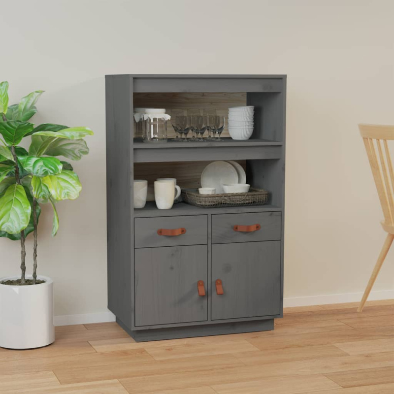Skříň Highboard Šedá 67 X 40 X 108,5 Cm Masivní Borové Dřevo - Bílá