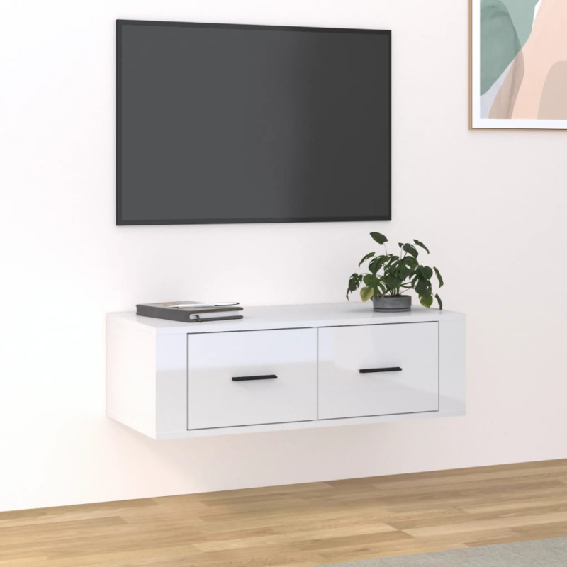 Závěsná Tv Skříňka Lesklá Bílá 80 X 36 X 25 Cm Kompozitní Dřevo - Bílá