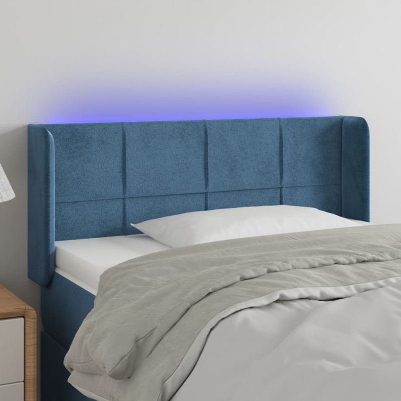 Čelo Postele S Led Tmavě Modré Samet - Tmavě šedá / 203 x 16 x 118/128 cm