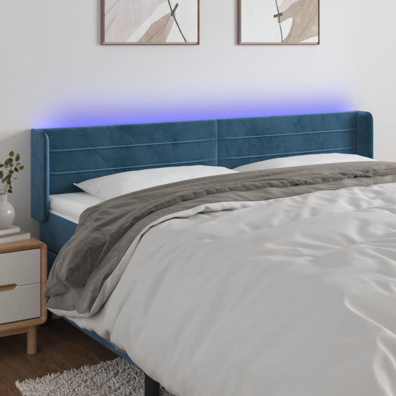 Čelo Postele S Led Tmavě Modré Samet - Světle šedá / 203 x 16 x 118/128 cm