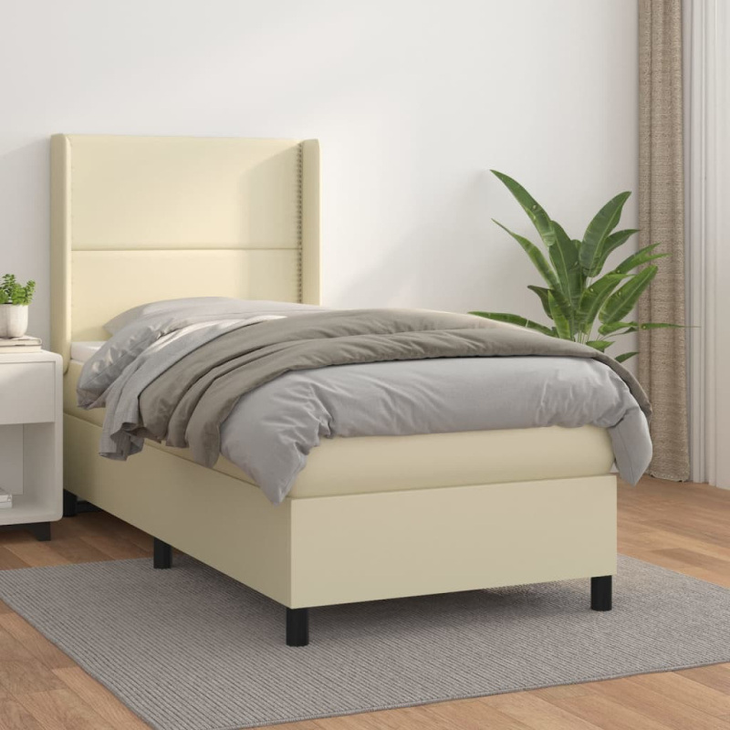Box Spring Postel S Matrací Umělá Kůže Krémová - Hladký design / 100 x 200 cm