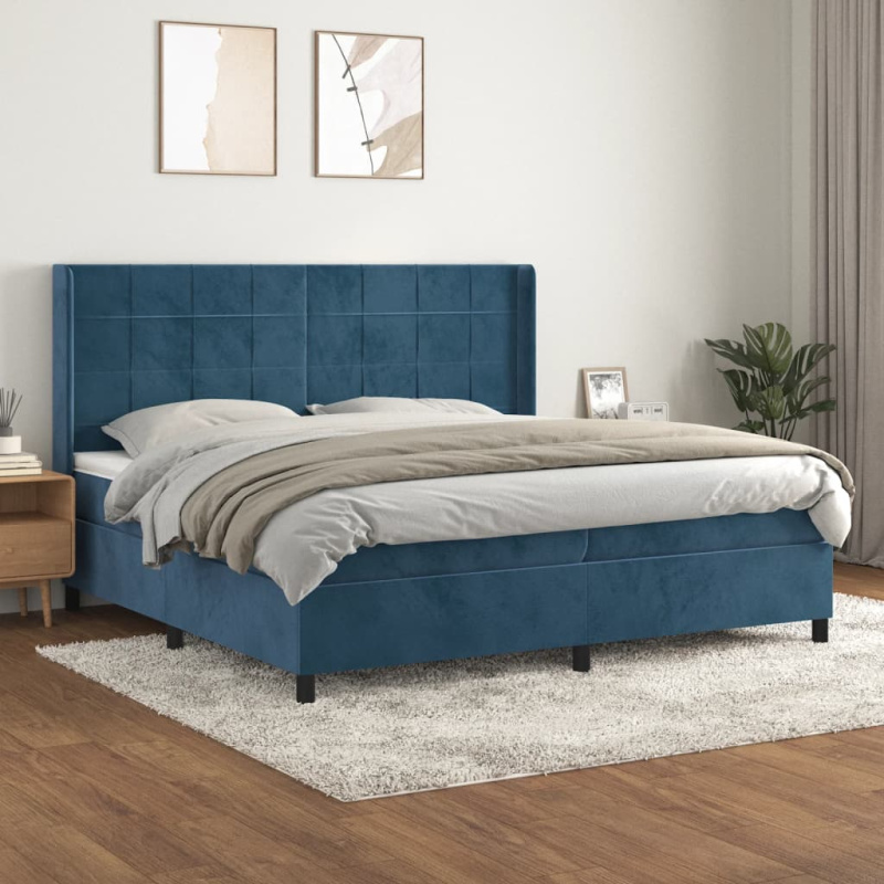 Box Spring Postel S Matrací Tmavě Modrá Samet Tmavě Moddrá - Hladké s hřebíky / 90 x 190 cm