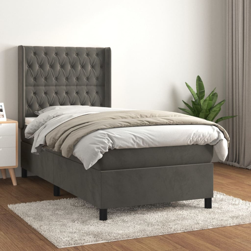 Box Spring Postel S Matrací Samet Tmavě Šedá - Hladké s hřebíky / 100 x 200 cm