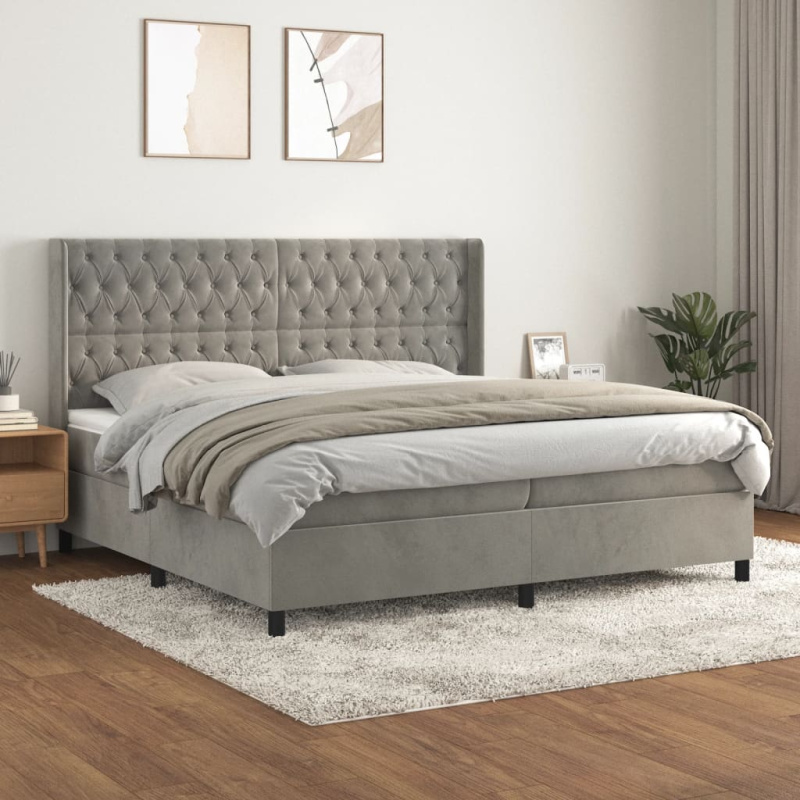 Box Spring Postel S Matrací Samet Světle Šedá - Blok se čtverci / 140 x 190 cm