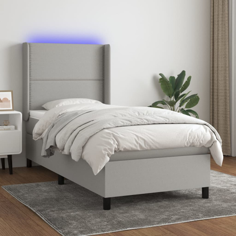 Box Spring Postel S Matrací A Led Textil Světle Šedá - vodorovné pruhy / 160 x 200 cm