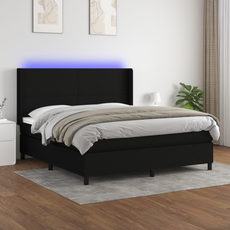 Box Spring Postel S Matrací A Led Černá Textil Černá - vodorovné pruhy / 160 x 200 cm