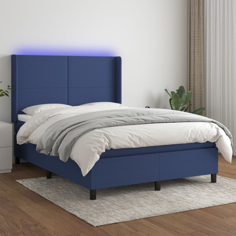 Box Spring Postel S Matrací A Led Textil Modrá - Svislé pruhy / 200 x 200 cm