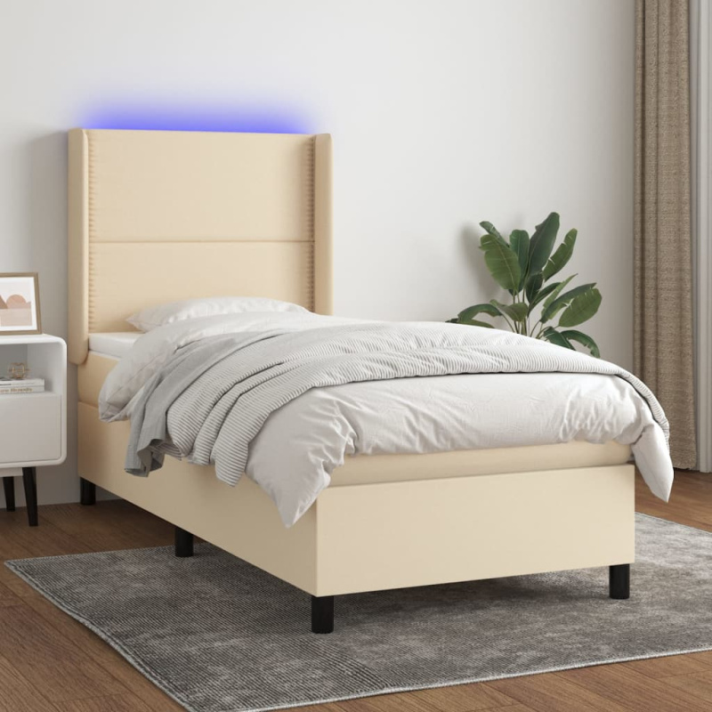 Box Spring Postel S Matrací A Led Textil Krémová - Prošívaný design / 90 x 190 cm