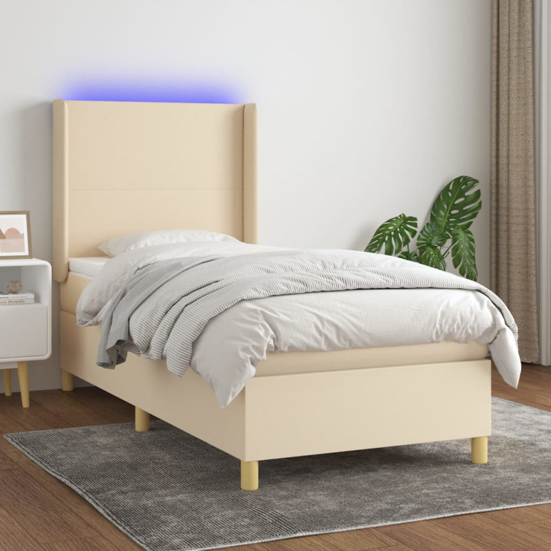 Box Spring Postel S Matrací A Led Textil Krémová - Hladký design / 100 x 200 cm