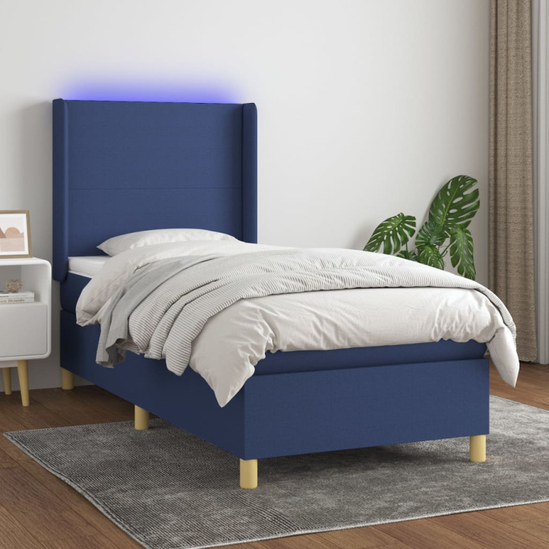 Box Spring Postel S Matrací A Led Textil Modrá - Hladký design / 100 x 200 cm