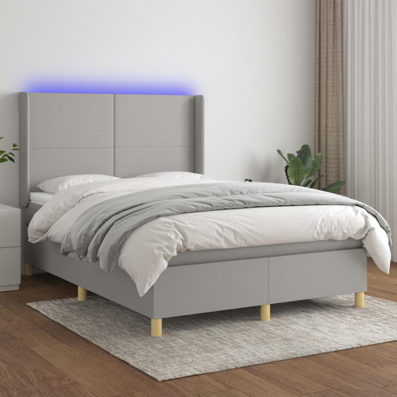 Box Spring Postel S Matrací A Led Textil Světle Šedá - vodorovné pruhy / 200 x 200 cm