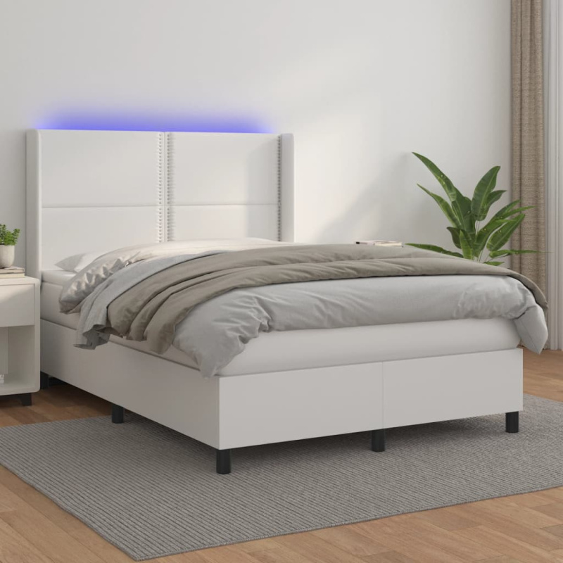Box Spring Postel S Matrací A Led Umělá Kůže Bílá - Hladký design / 100 x 200 cm