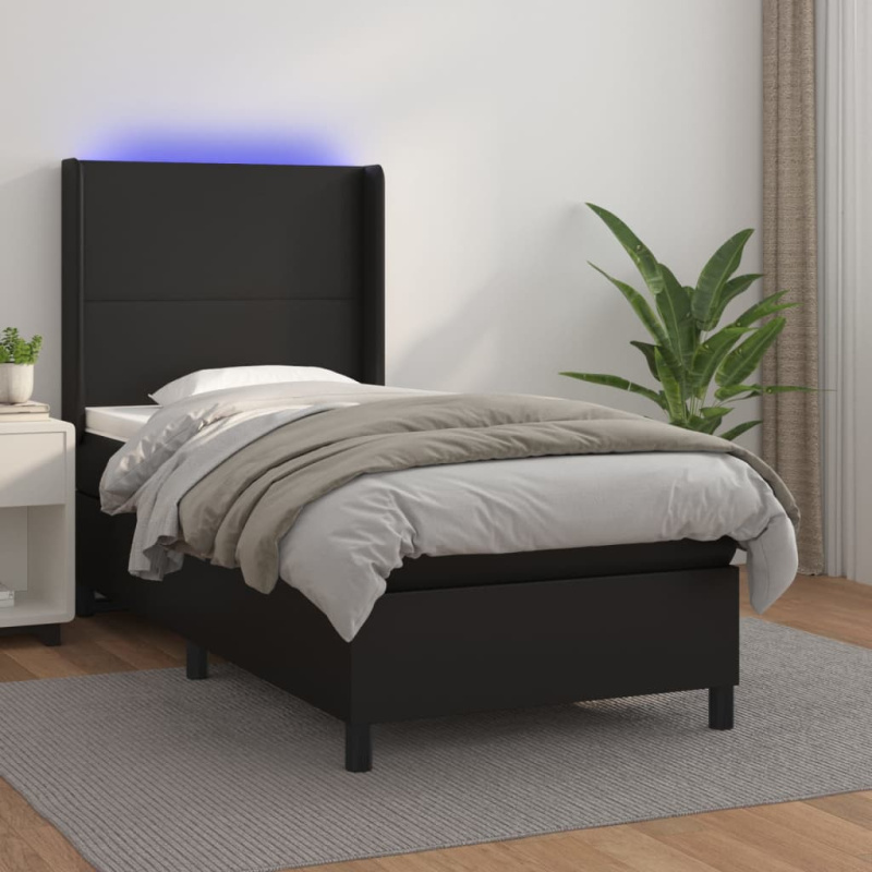 Box Spring Postel S Matrací A Led Černá Umělá Kůže Černá - Hladký design / 200 x 200 cm