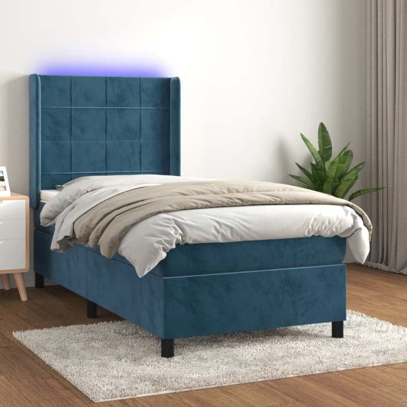 Box Spring Postel S Matrací A Led Tmavě Modrá Samet Tmavě Moddrá - Hladký design / 160 x 200 cm