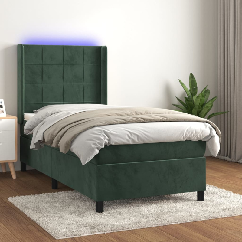 Box spring postel s matrací a led samet tmavě zelená - Hladké s hřebíky / 90 x 200 cm