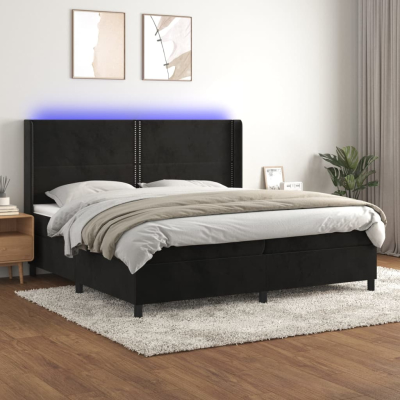 Box Spring Postel S Matrací A Led Černá Samet Černá - Hladké s hřebíky / 100 x 200 cm