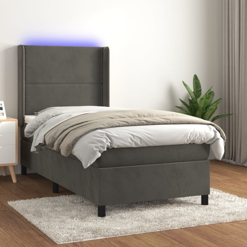 Box Spring Postel S Matrací A Led Samet Tmavě Šedá - Blok se čtverci / 160 x 200 cm