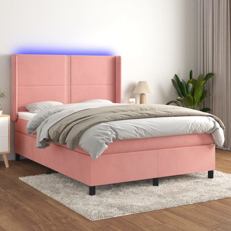 Box Spring Postel S Matrací A Led Samet Růžová - vodorovné pruhy / 140 x 190 cm