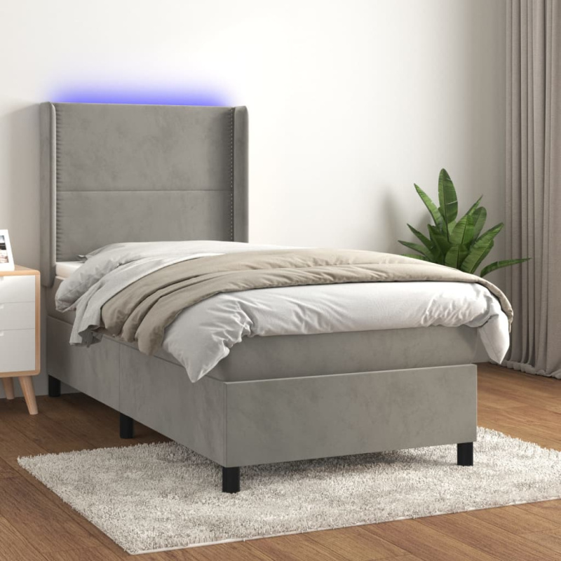 Box Spring Postel S Matrací A Led Samet Světle Šedá - tlačítka / 140 x 190 cm