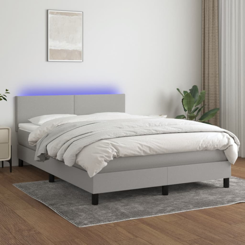 Box Spring Postel S Matrací A Led Textil Světle Šedá - Svislé pruhy / 140 x 190 cm
