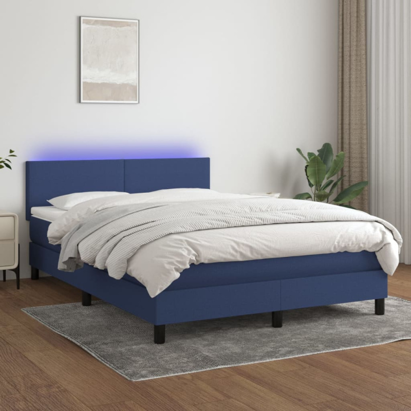 Box Spring Postel S Matrací A Led Textil Modrá - Svislé pruhy / 160 x 200 cm