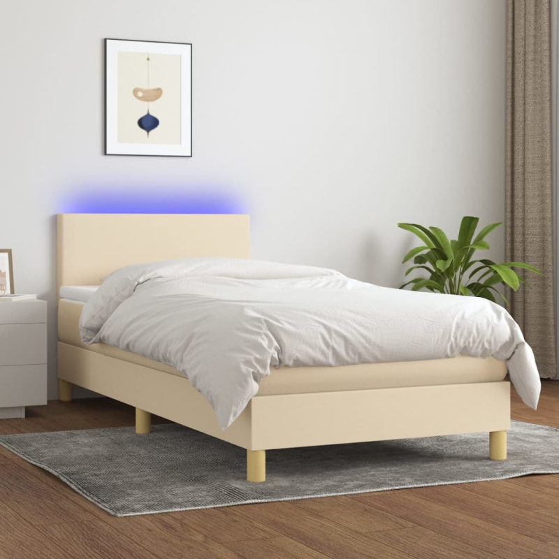 Box Spring Postel S Matrací A Led Textil Krémová - tlačítka / 100 x 200 cm